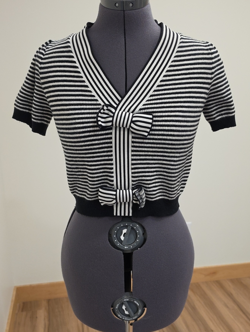 Black & White Striped Cropped Knit Top with Bow Accents
